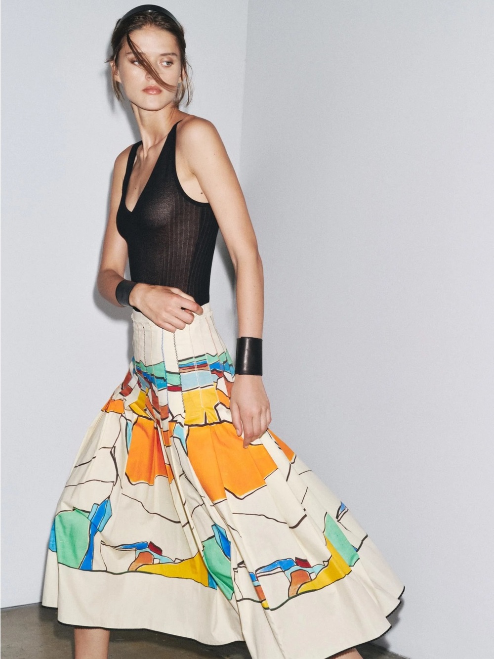 Zara ZW Collection Cream Geometric Printed Pleated A-Line Midi Skirt